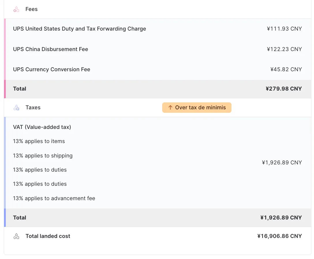 Landed cost quote ecommerce shipment above de
minimis